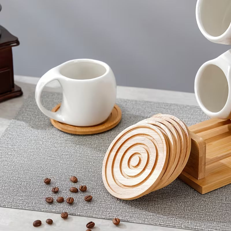 6-Piece Ceramic Coffee Cup Set with Wooden Coasters & Holder