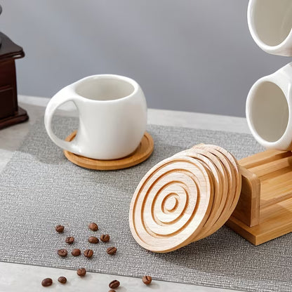 6-Piece Ceramic Coffee Cup Set with Wooden Coasters & Holder