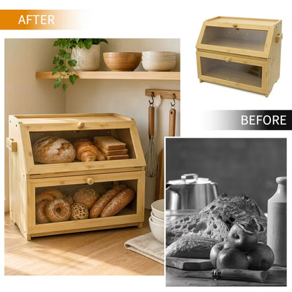 Large Bamboo Bread Box with Lid, Countertop Food Storage Organizer for Bread, Pastries & Baked Goods