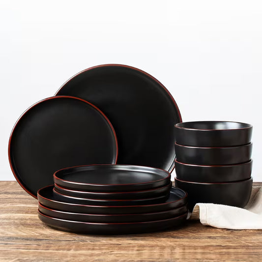 12-Piece Matte Black Stoneware Dinnerware Set – Service for 4