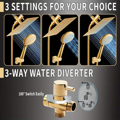 Golden High-Pressure Square Rain Shower Head & Handheld Shower Set