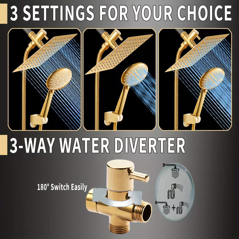 Golden High-Pressure Square Rain Shower Head & Handheld Shower Set