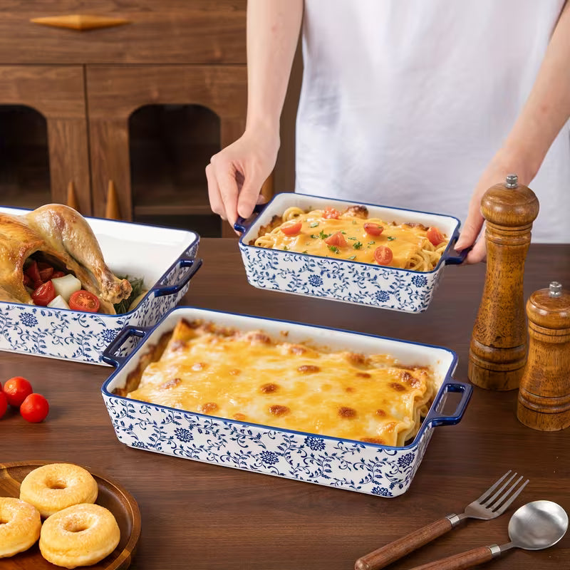 3-Piece Blue & White Ceramic Casserole Baking Dish Set Bake, Cook, Serve & Enjoy Every Meal in Style