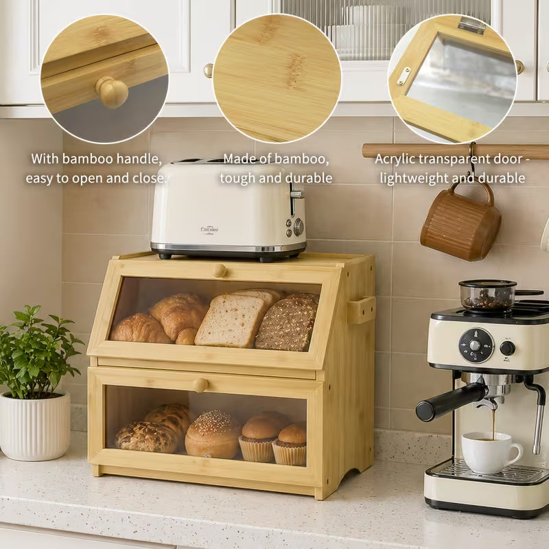 Large Bamboo Bread Box with Lid, Countertop Food Storage Organizer for Bread, Pastries & Baked Goods