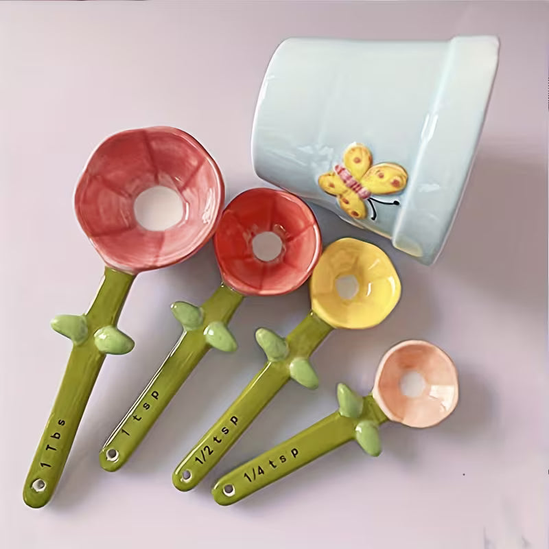 Flower-Shaped Ceramic Measuring Spoon Set with Holder