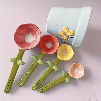 Flower-Shaped Ceramic Measuring Spoon Set with Holder