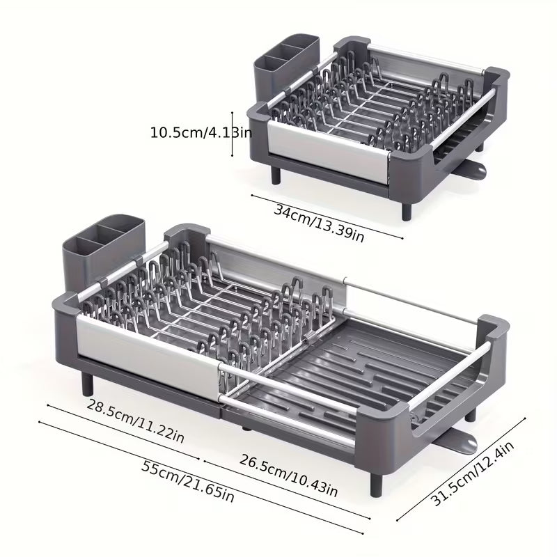 Expandable Foldable Dish Drying Rack with Cutlery Holder, Swivel Drain Spout & Adjustable Aluminum Frame