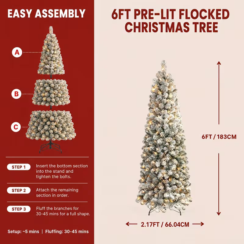 Snow-Flocked Artificial Pencil Christmas Tree with Warm White Lights