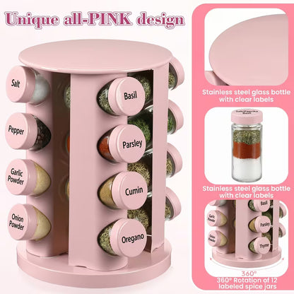Pink 360° Rotating Spice Rack with 16 Glass Jars