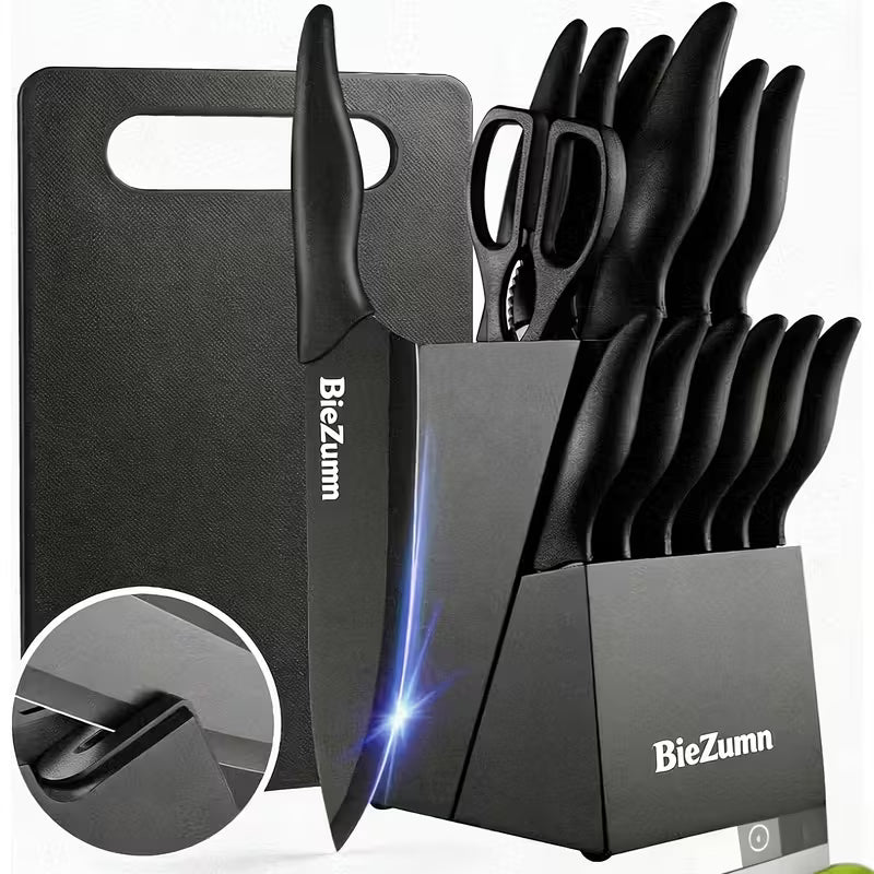 15-Piece Stainless Steel Kitchen Knife Set with Knife Block & Built-In Sharpener