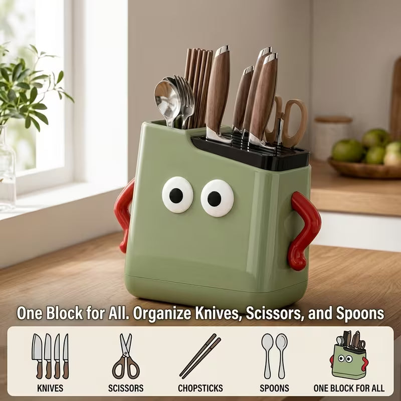 Multifunctional Kitchen Countertop Knife & Cutlery Storage Rack with Drainage Slots