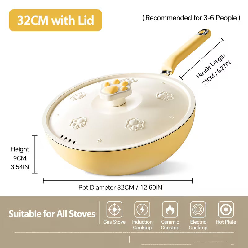 12.6-Inch Cat Paw Nonstick Wok with Lid – Deep Family Cooking Pan