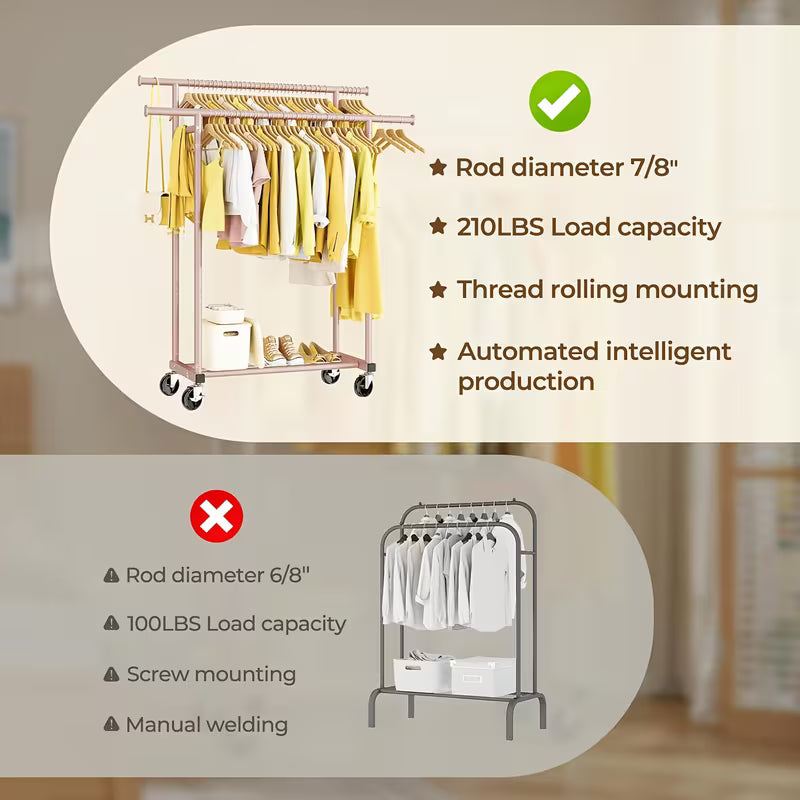 Heavy-Duty Double Rod Clothing Rack with Lockable Wheels – Large Capacity Garment Organizer