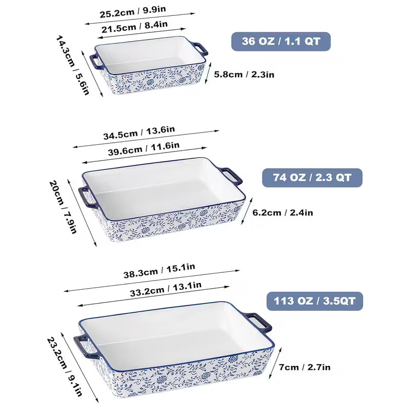 3-Piece Blue & White Ceramic Casserole Baking Dish Set Bake, Cook, Serve & Enjoy Every Meal in Style