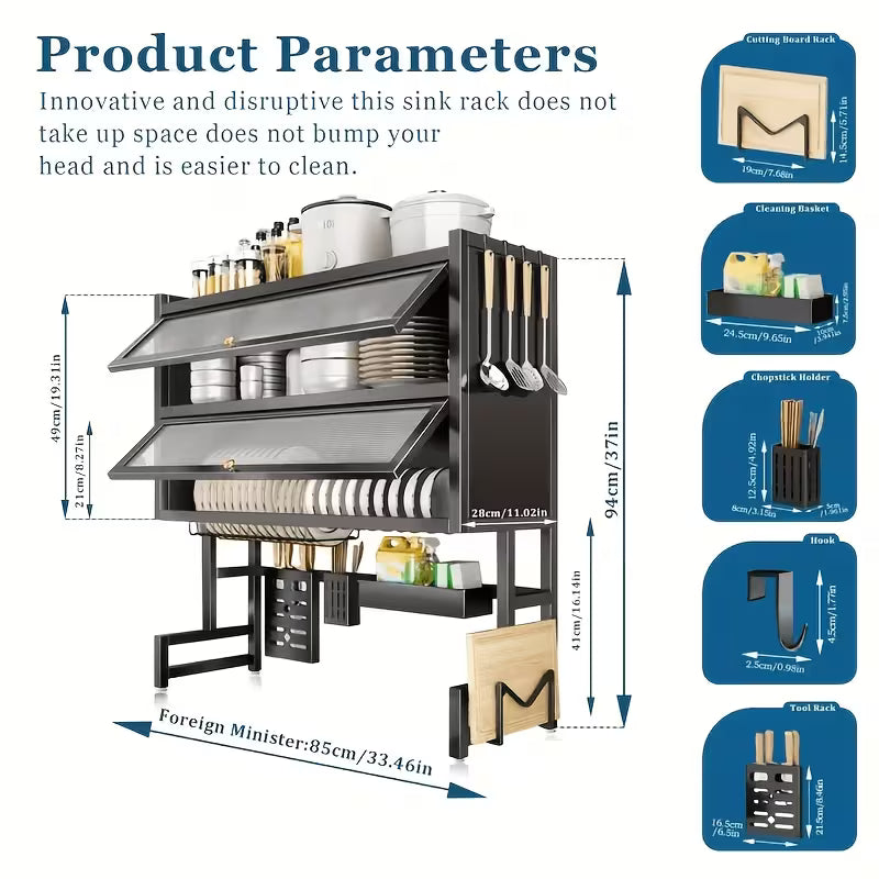 Black Over Sink Dish Drying Rack with Cover, Large Kitchen Dish Organizer with Cabinet Doors, Countertop Space Saver