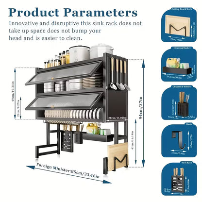 Black Over Sink Dish Drying Rack with Cover, Large Kitchen Dish Organizer with Cabinet Doors, Countertop Space Saver