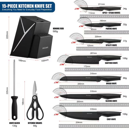 15-Piece Stainless Steel Kitchen Knife Set with Knife Block & Built-In Sharpener