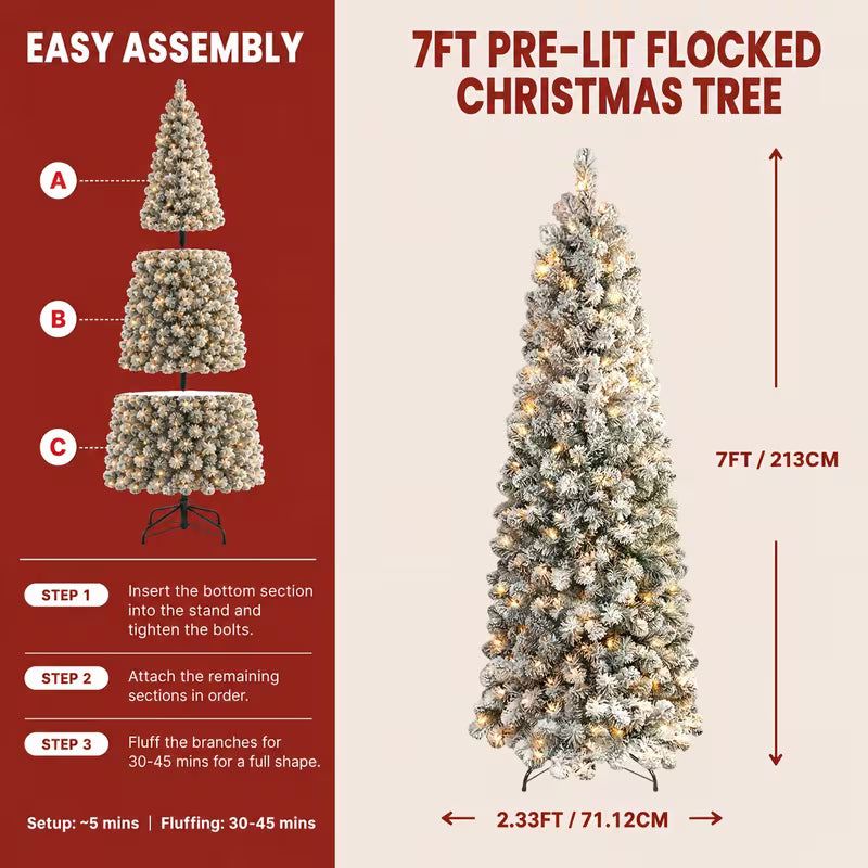 Snow-Flocked Artificial Pencil Christmas Tree with Warm White Lights