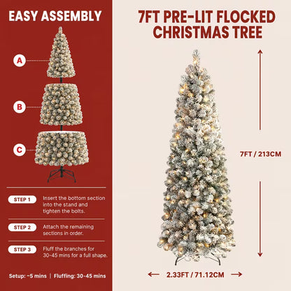 Snow-Flocked Artificial Pencil Christmas Tree with Warm White Lights