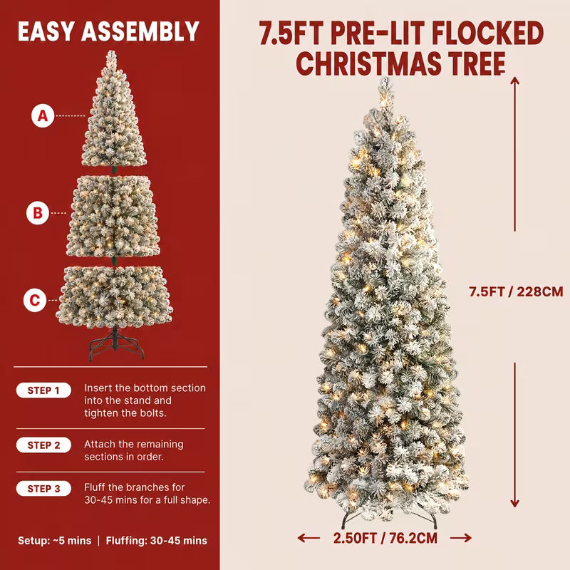Snow-Flocked Artificial Pencil Christmas Tree with Warm White Lights