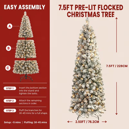 Snow-Flocked Artificial Pencil Christmas Tree with Warm White Lights