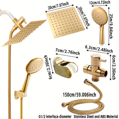 Golden High-Pressure Square Rain Shower Head & Handheld Shower Set
