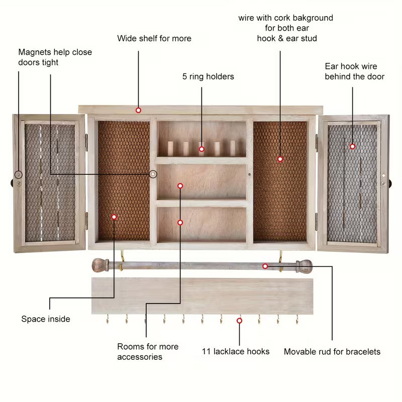 Wooden Wall-Mounted Jewelry Organizer with Removable Bracelet Rod, Metal Hooks & Storage Shelf