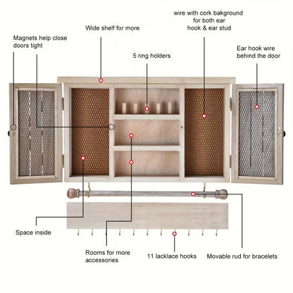 Wooden Wall-Mounted Jewelry Organizer with Removable Bracelet Rod, Metal Hooks & Storage Shelf