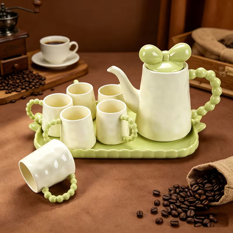 8-Piece European Ceramic Tea Set with Teapot, 6 Cups & Serving Tray