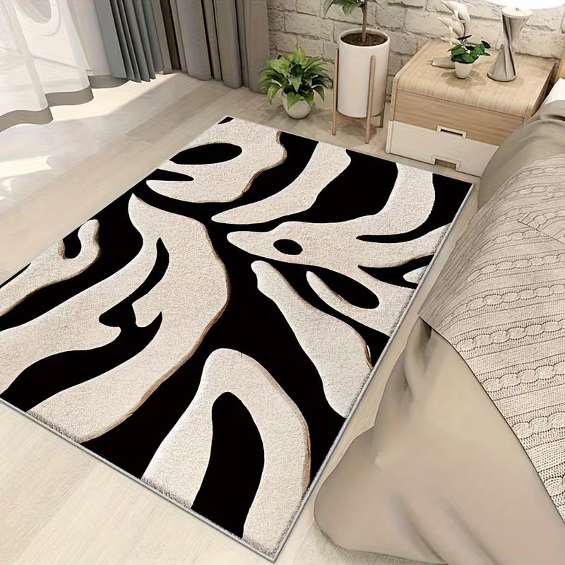 Black & White Geometric Area Rug – Modern Machine-Washable Soft Floor Mat