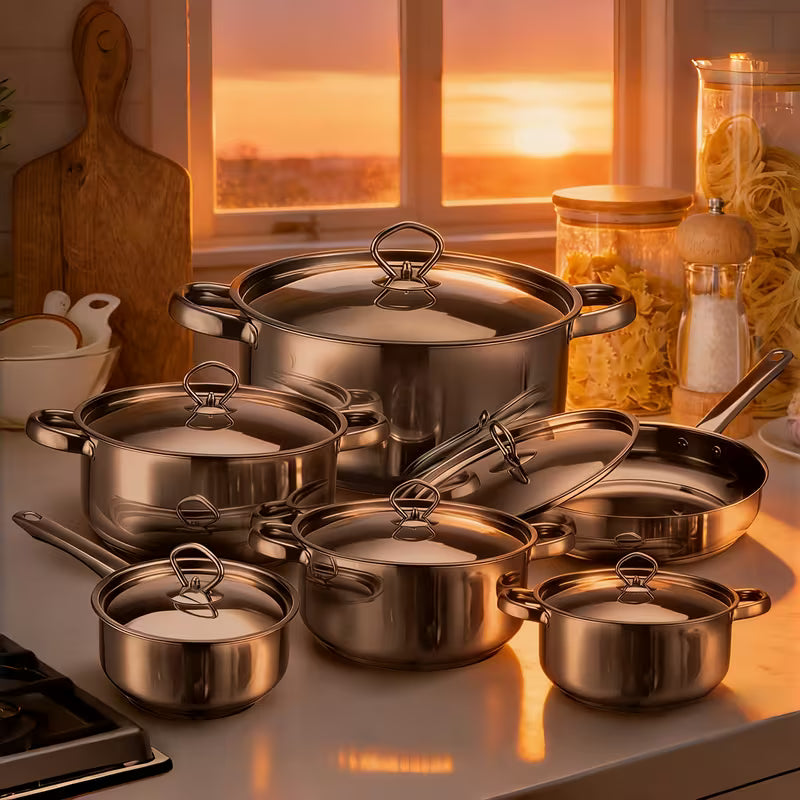 12-Piece Stainless Steel Cookware Set with Lids & Utensils – Induction Compatible Kitchen Pots and Pans