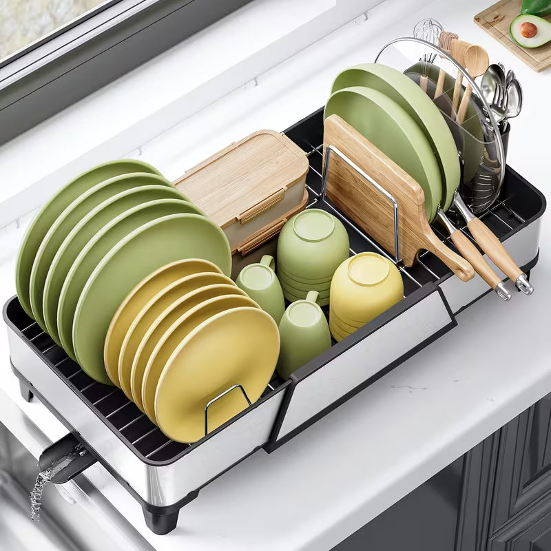 Adjustable Stainless Steel Dish Drying Rack with Utensil Holder & Pan Rack