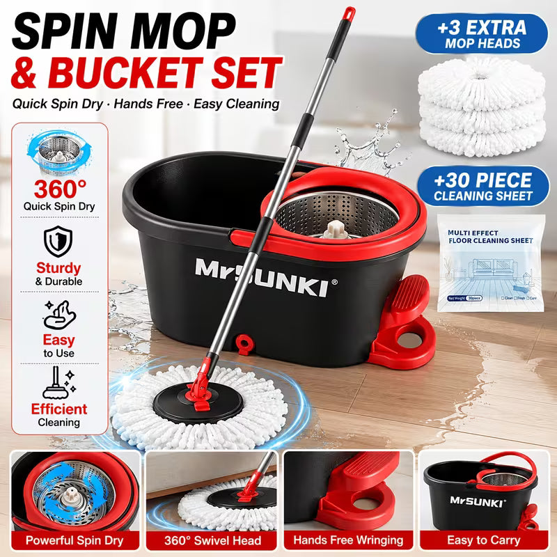 360° Spin Mop & Bucket Cleaning Set – 59-Inch Adjustable Handle with Microfiber Heads & Disposable Pads
