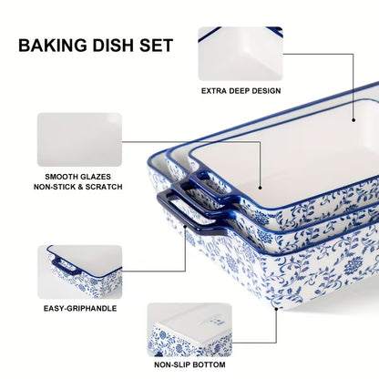 3-Piece Blue & White Ceramic Casserole Baking Dish Set Bake, Cook, Serve & Enjoy Every Meal in Style
