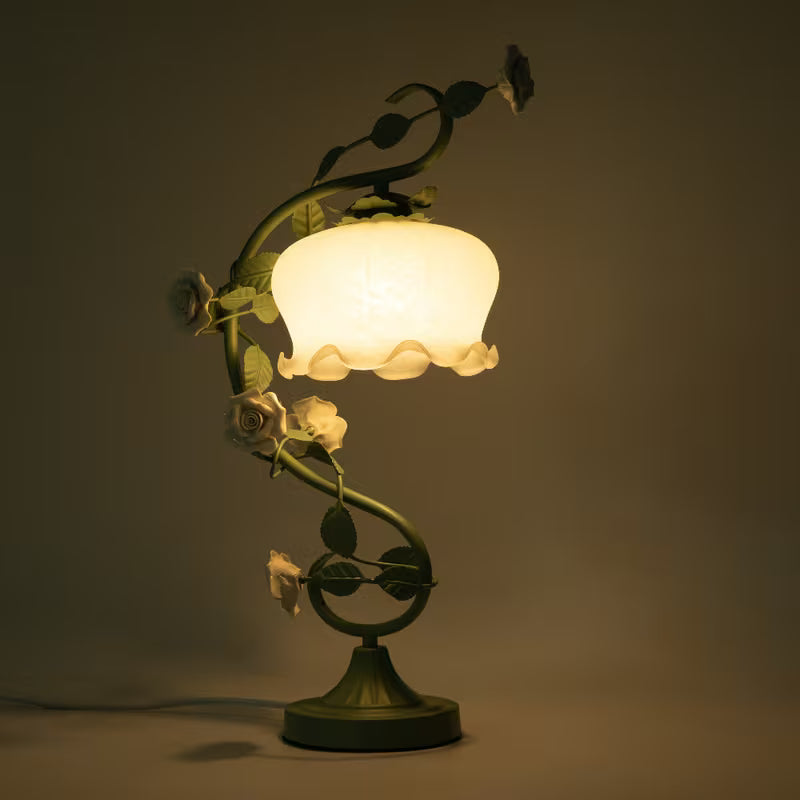 Green Flower Glass Table Lamp – Decorative Bedside Lamp for Bedroom & Home