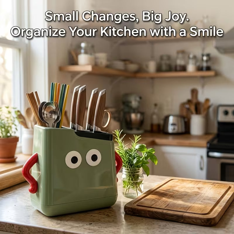 Multifunctional Kitchen Countertop Knife & Cutlery Storage Rack with Drainage Slots