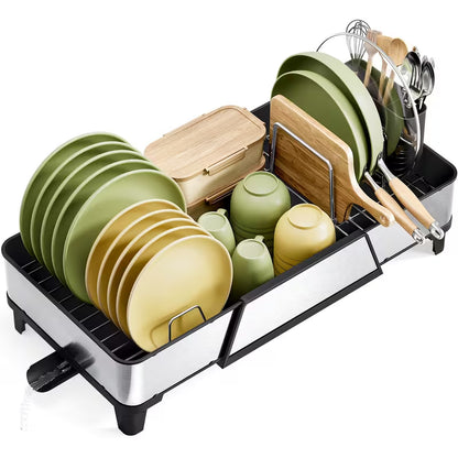 Adjustable Stainless Steel Dish Drying Rack with Utensil Holder & Pan Rack