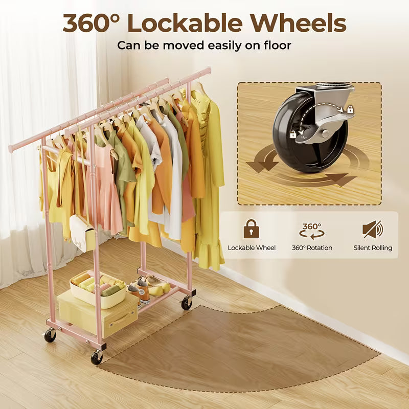 Heavy-Duty Double Rod Clothing Rack with Lockable Wheels – Large Capacity Garment Organizer