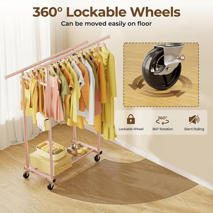 Heavy-Duty Double Rod Clothing Rack with Lockable Wheels – Large Capacity Garment Organizer