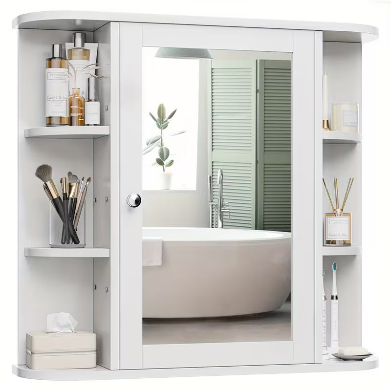 Wall-Mounted Bathroom Mirror Cabinet with 6 Open Side Shelves, White Medicine Storage Cabinet & Bathroom Organizer