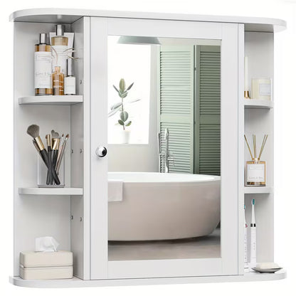 Wall-Mounted Bathroom Mirror Cabinet with 6 Open Side Shelves, White Medicine Storage Cabinet & Bathroom Organizer