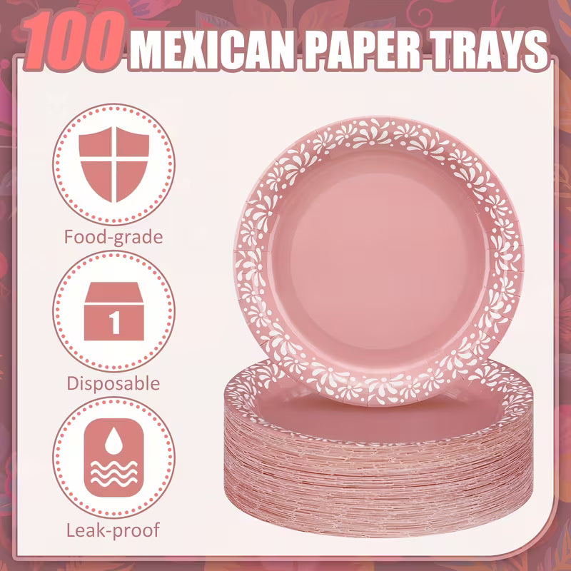 100-Piece 9-Inch Pink Cielito Lindo Mexican Paper Plates – Talavera-Inspired Party Tableware