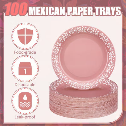 100-Piece 9-Inch Pink Cielito Lindo Mexican Paper Plates – Talavera-Inspired Party Tableware