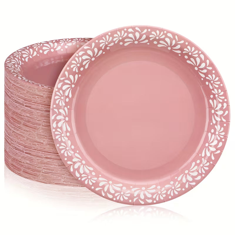 100-Piece 9-Inch Pink Cielito Lindo Mexican Paper Plates – Talavera-Inspired Party Tableware