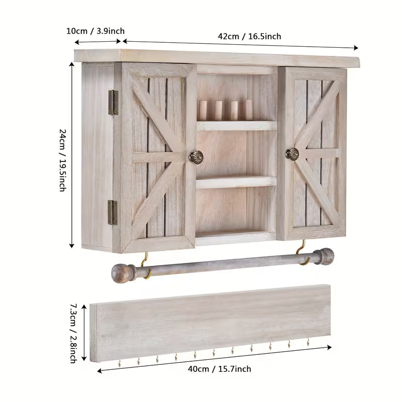Wooden Wall-Mounted Jewelry Organizer with Removable Bracelet Rod, Metal Hooks & Storage Shelf
