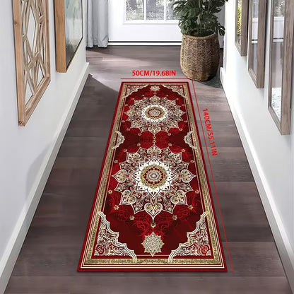 Luxury Burgundy & Gold Runner Rug, Long Rectangular Medallion Pattern Floor Mat with Non-Slip Backing, Machine Washable