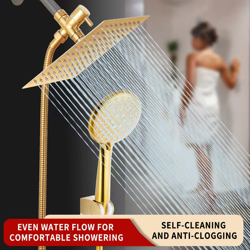 Golden High-Pressure Square Rain Shower Head & Handheld Shower Set