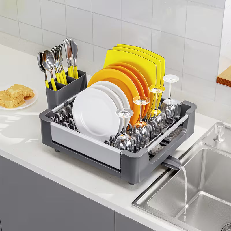 Expandable Foldable Dish Drying Rack with Cutlery Holder, Swivel Drain Spout & Adjustable Aluminum Frame