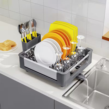Expandable Foldable Dish Drying Rack with Cutlery Holder, Swivel Drain Spout & Adjustable Aluminum Frame