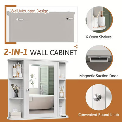 Wall-Mounted Bathroom Mirror Cabinet with 6 Open Side Shelves, White Medicine Storage Cabinet & Bathroom Organizer
